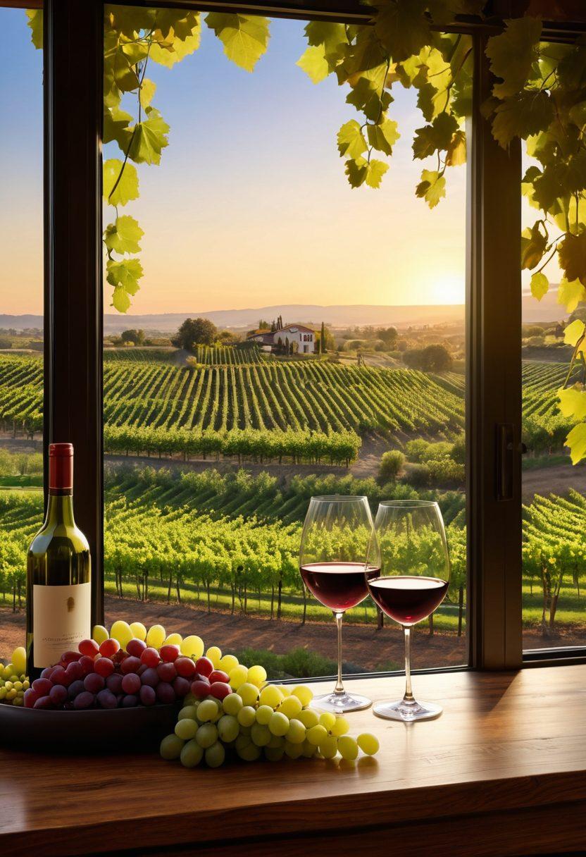 A picturesque vineyard landscape merging seamlessly into a modern real estate development. Grapevines laden with ripe grapes on one side, transitioning to a stylish contemporary home with panoramic windows overlooking the vineyard. Include warm sunset hues to evoke a sense of luxury and appreciation for both wine and property. The foreground should feature a wine glass on a wooden table with a bottle beside it, symbolizing the connection between wine culture and real estate investment. super-realistic. vibrant colors. 3D.