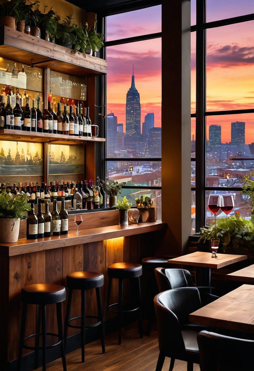 A cozy urban wine bar filled with diverse people enjoying wine, vibrant city life visible through large windows, shelves lined with wine bottles in warm wooden tones, lush plants adding a touch of nature, and a dynamic skyline in the background. super-realistic. vibrant colors. warm lighting.