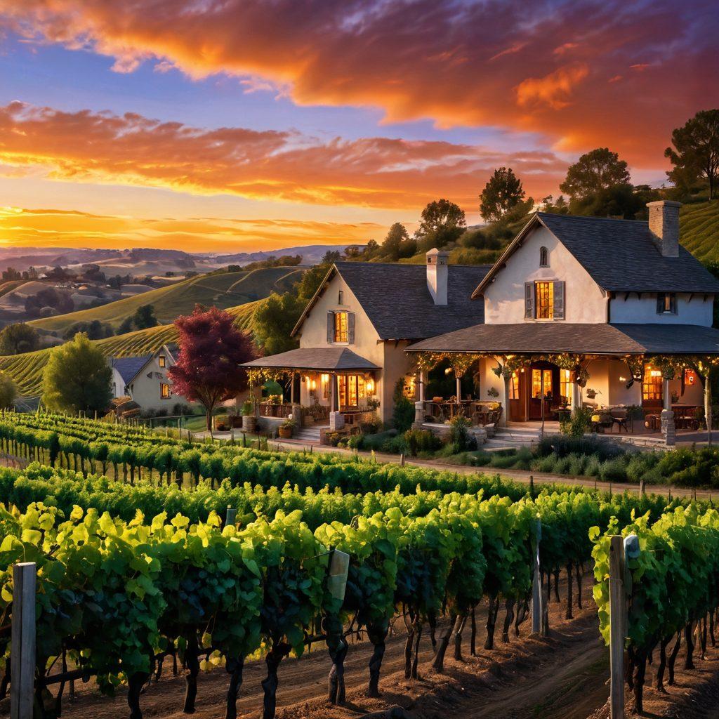 A picturesque vineyard landscape with lush grapevines stretching across rolling hills, an inviting wine tasting room in the foreground, and charming cottages nestled among the vines. A group of cheerful tourists clinking wine glasses, showcasing the lively atmosphere of wine tourism's influence on the surrounding real estate. The sky is painted with vibrant sunset hues, casting a warm glow over the scene. super-realistic. vibrant colors. ethereal lighting.
